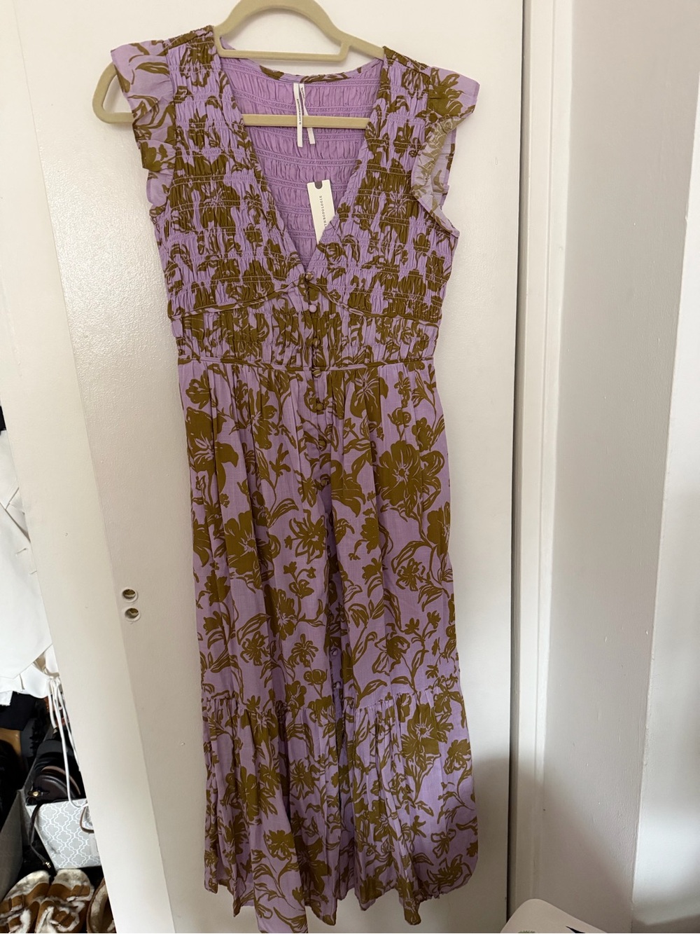 Anthropologie Lavender Maxi Dress with Olive Floral Print